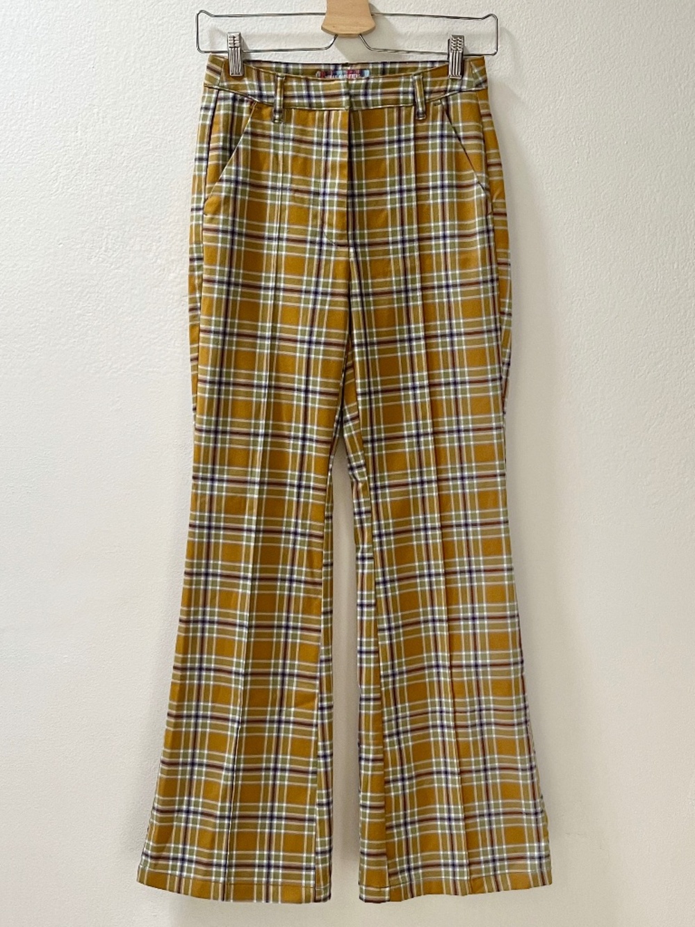 Urban Outfitters Isabella Plaid Flare Pants Yellow Ochre Retro 70s. Size 0. - Picture 3 of 6